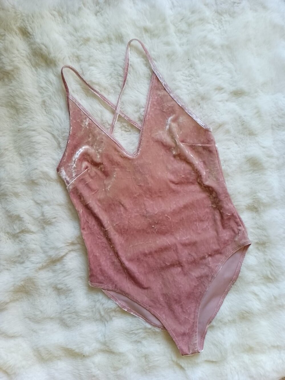 Cross Back Crushed Velvet Blush Pink Bodysuit